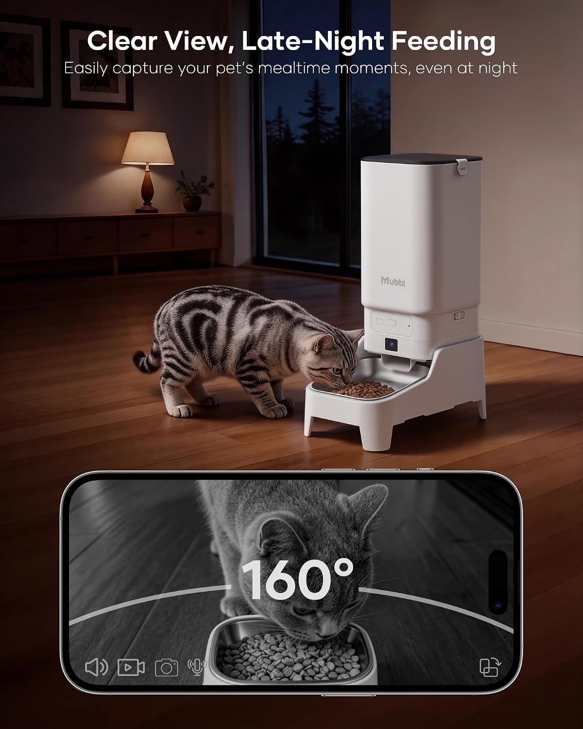 Mangeoire automatique pour chat avec caméra – 7 L/29 tasses avec grand plateau de nourriture et vision nocturne 1080p, bol surélevé, audio bidirectionnel, enregistrement vocal en 10 secondes Appareil photo blanc 7L Appareil photo 7L avec support