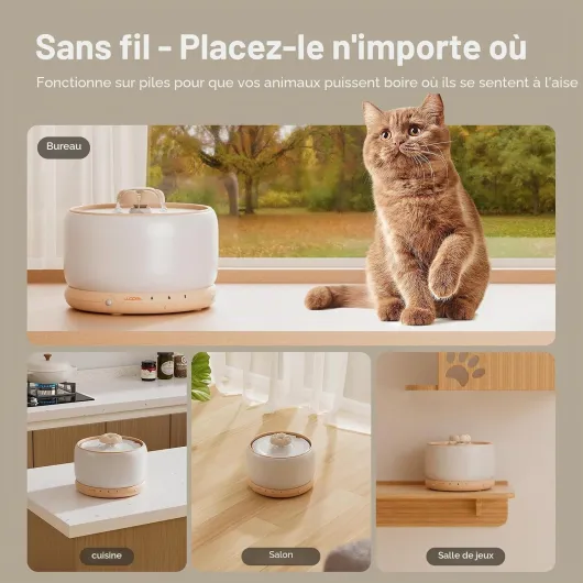 WOPET Fontaine à eau sans fil en céramique pour chat avec batterie rechargeable de 5000 mAh, distributeur d'eau de qualité supérieure de 3 L pour chats et petits chiens, ultra silencieuse et triple Fontaine orange sans fil + 1 filtre