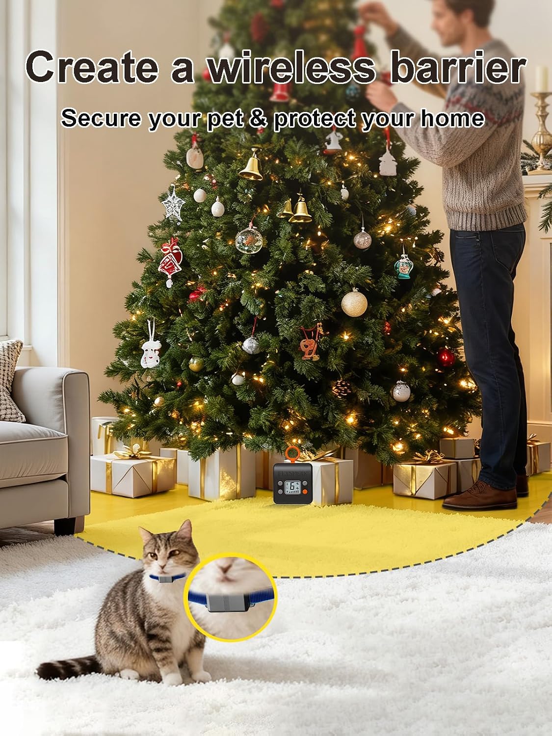 FLYSPEAR Barrière pour chat sans fil – Barrière d'intérieur rechargeable avec 6 rayons de portée réglables jusqu'à 2,1 m, 6 intensités statiques réglables, système de clôture électrique pour chiens