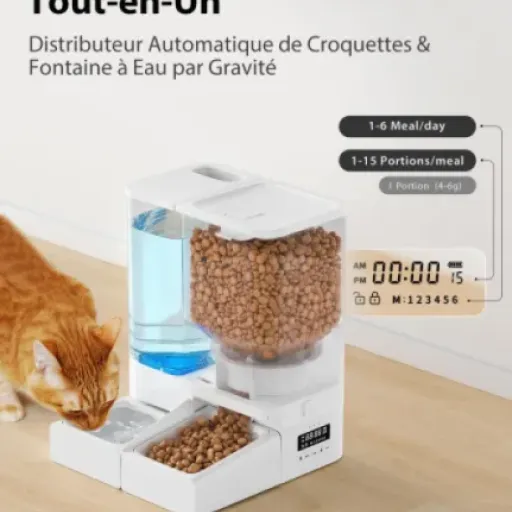 Avis DUDUPET Distributeur Croquettes Chat Automatique 5L + Fontaine 4L : combo pratique pour nourrir et abreuver sans stress
