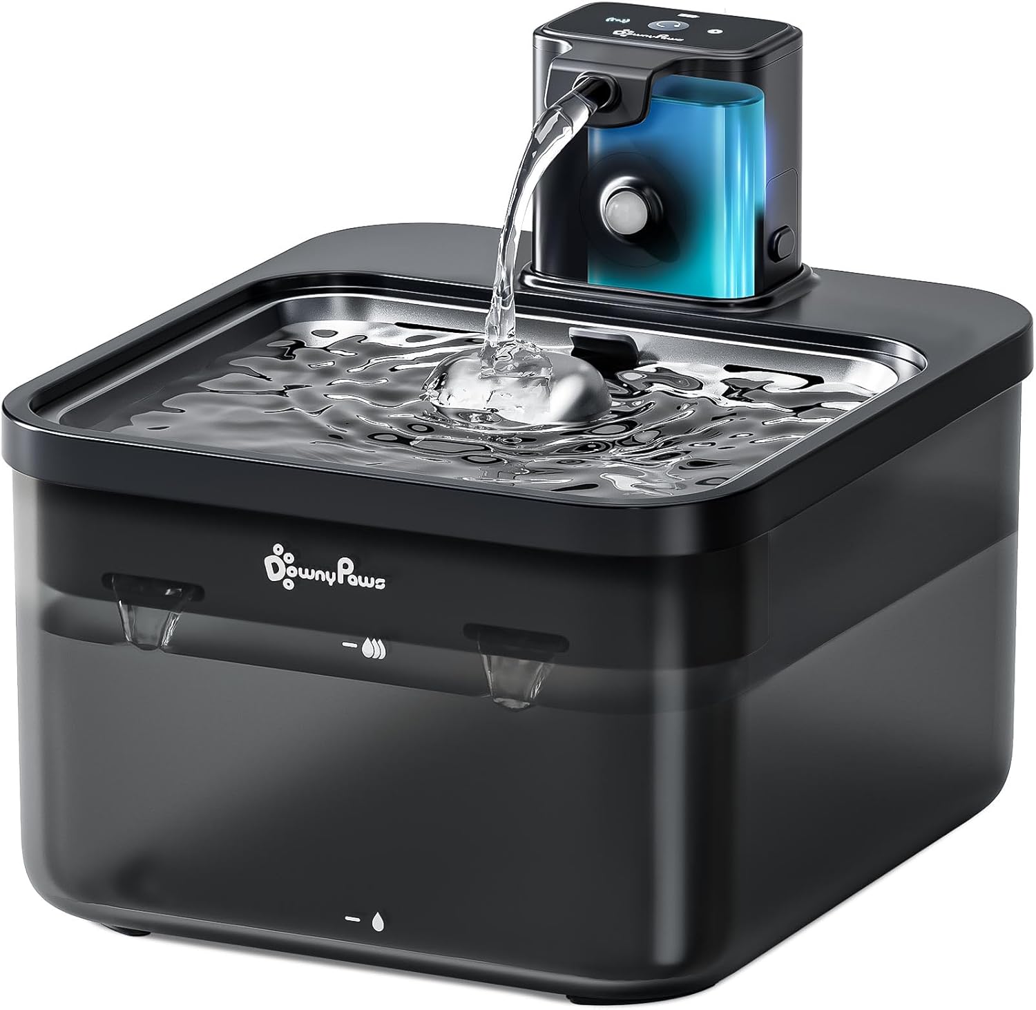 DownyPaws Fontaine à Eau sans Fil, à Pile 4000mAh, Détecteur de Mouvement, sans Électricité avec Plateau en Acier Inoxydable, Noir Fontaine a Eau Chat ABS&Inox Noir