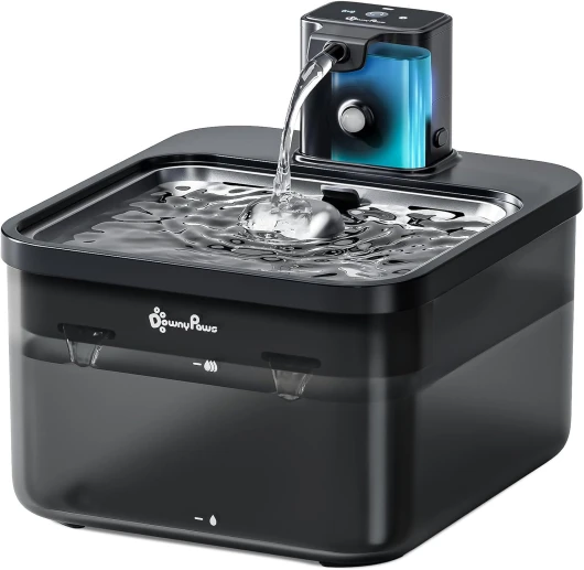 DownyPaws Fontaine à Eau sans Fil, à Pile 4000mAh, Détecteur de Mouvement, sans Électricité avec Plateau en Acier Inoxydable, Noir Fontaine a Eau Chat ABS&Inox Noir
