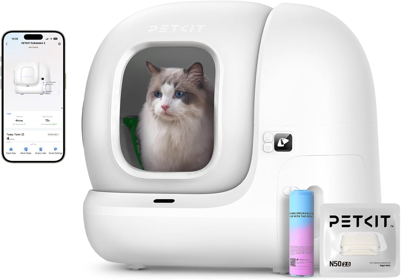 Pura Max 2 Litiere Chat Autonettoyante, Bac à Litière Autonettoyante Amélioré, Anti-fuites/Anti-pincement/xSecure/Contrôle APP/pour Plusieurs Chats(Pas de Déodorant en Spray ou en Tampon) Pas de version spray déodorant T4-2