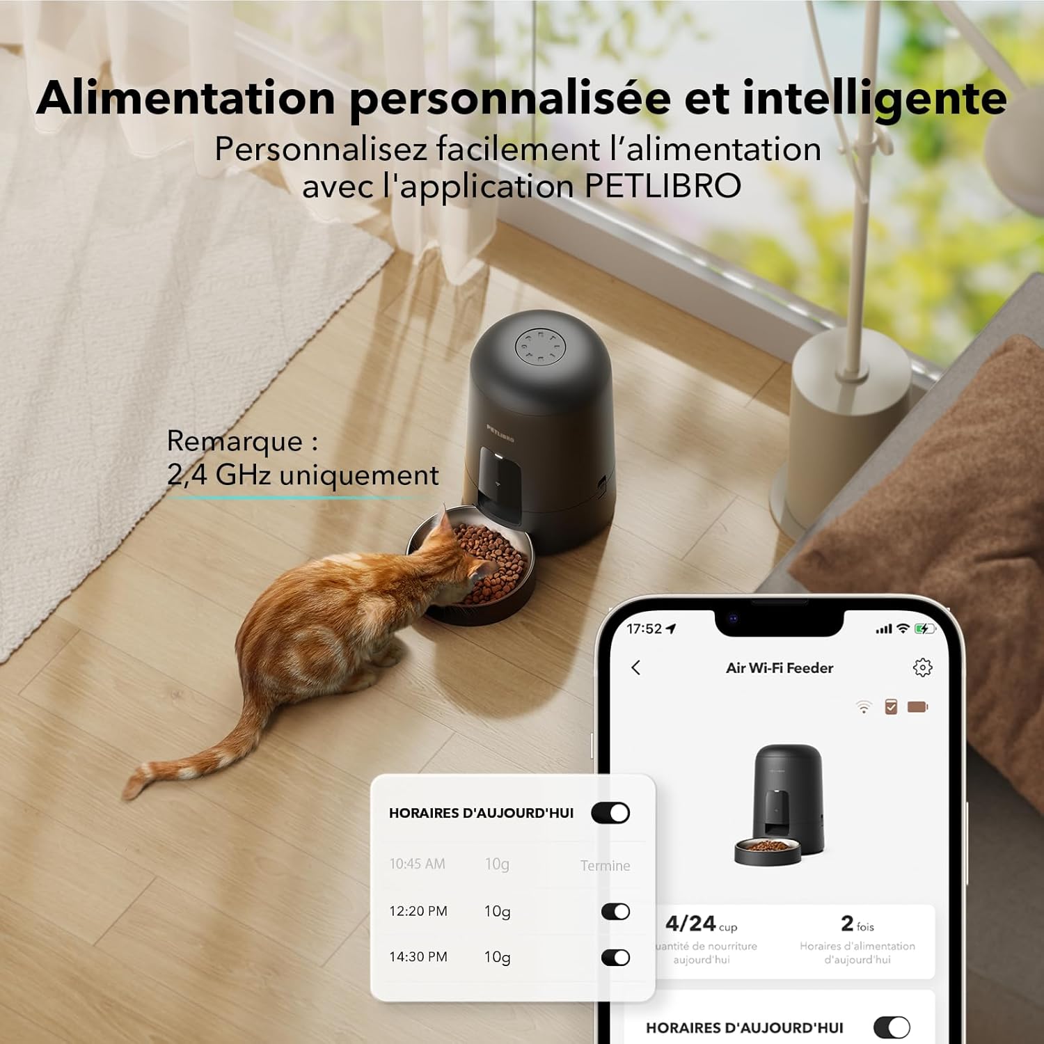 Distributeur Croquettes Chat Automatique, 2,4G WiFi en Batterie Rechargeable, Vie de 30 Jours, 2L Distributeur Croquettes Chats Aver Contrôle par Application et jusqu'à 10 Repas par Jour Noir