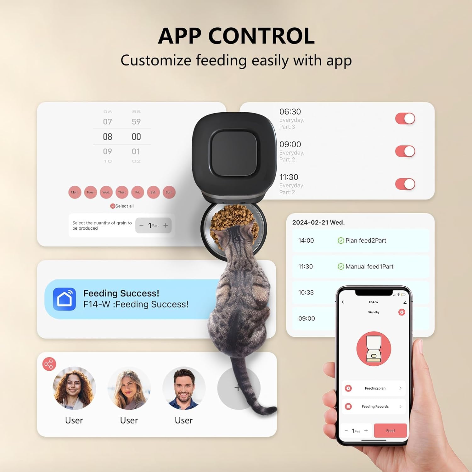Distributeur Croquettes Chat Automatique, Distributeur Croquettes Chat avec Bols en Acier Inoxydable, Connecté App, Enregistrement Vocal 10S, 10 Repas par Jour Black