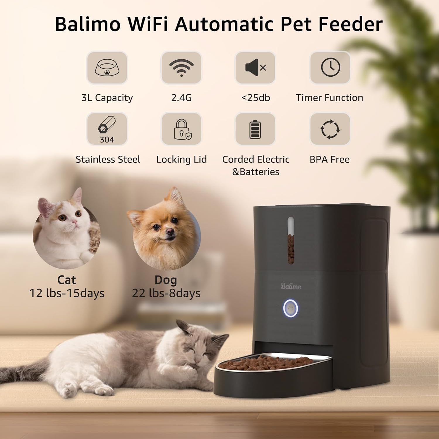 Distributeur Croquettes Chat Automatique, 2.4G WiFi 3L Distributeur De Croquettes pour Chat, 1-10 Repas par, Convient Aux Chiens et Chats, Noir Noir-carré