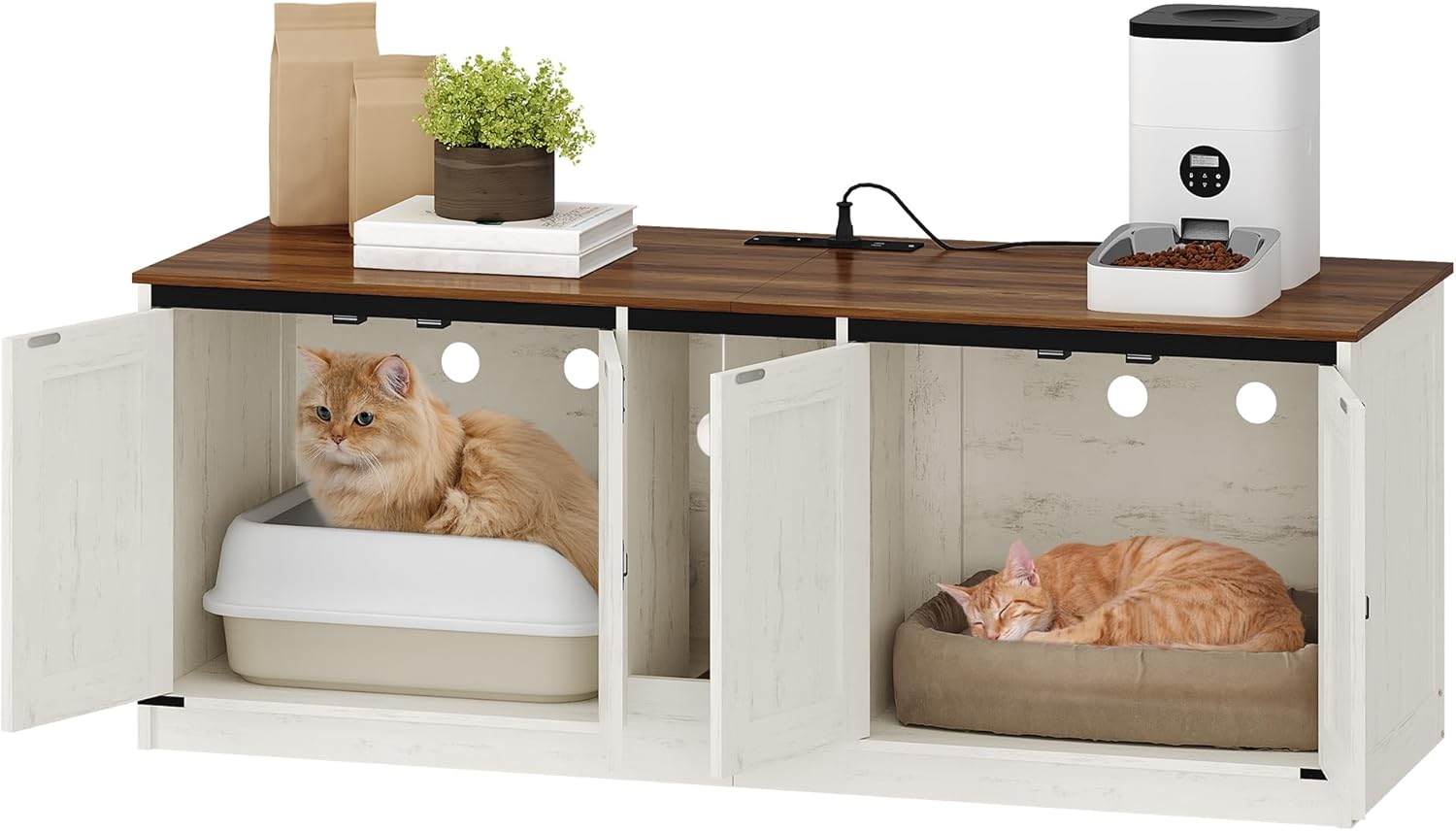 Maison de Toilette Chat, Meuble Litiere avec Ports USB et Prises électriques, 140 cm de Meuble à Litière Caché pour 2 Chats, Maison D'intérieur pour Chat, Marron Rustique et Blanc CB82514X