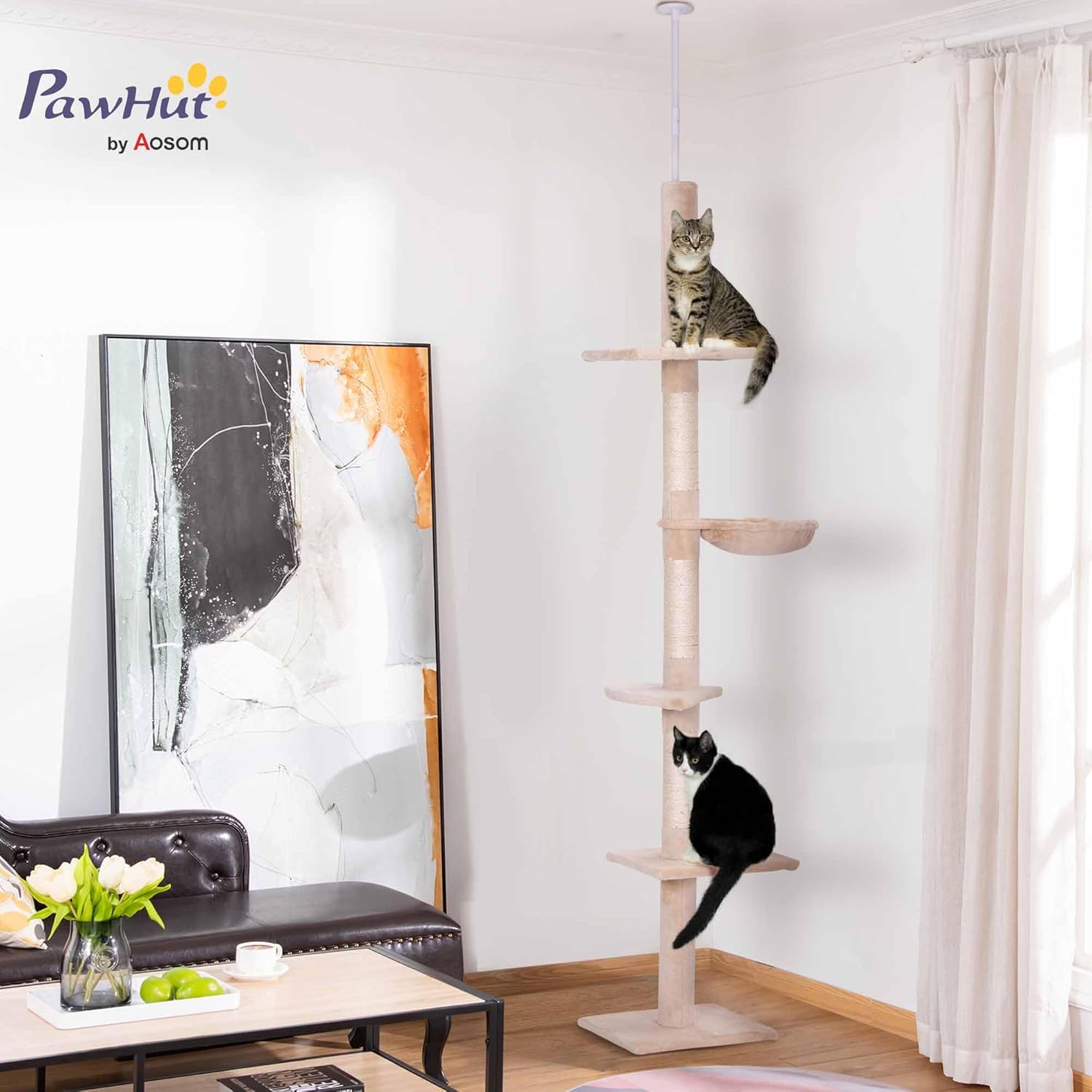 Arbre Chat du Sol au Plafond Poteau à griffer L40 x l 34 x H 230-260 cm 5 Niveaux d'activités Beige