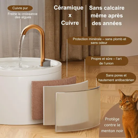 Fontaine à Eau Chat en céramique, capacité 2,1 L avec Bec en cuivre, Fontaine à Eau pour Chat silencieuse et hygiénique, Design élégant et Facile à Nettoyer, Blanc