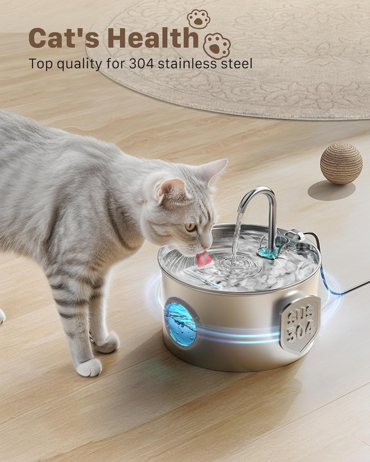Fontaine a Eau Chat INOX: 2,2L Fontaine à Eau pour Chat - Distributeur Chien Automatique - Silencieux Distributeur Chien - Gardez l’Eau Propre(N'inclut Pas l'adaptateur UE) Fontaine chat-2.2L