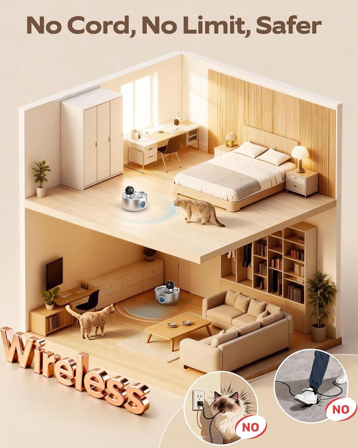 Fontaine a Eau Chat sans Fil: Fontaine à Eau pour Chat INOX avec Detecteur de Mouvement - 2.6L Distributeur Eau Chats Automatique avec Batterie Rechargeable - Abreuvoir Silencieuse pour Chien à Pile