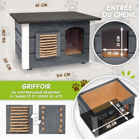 Outentin Maison pour Chat Extérieure Étanche et Isolée – Niche Abri Confortable pour Chat en Hiver, Protège du Froid, de la Pluie et de l’Humidité – Cabane Idéale pour Extérieur - 61x39x36 cm (Gris)