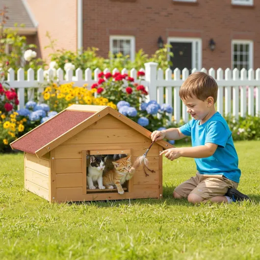 Niche de Chat Taille S – 680 x 530 x 470 mm – avec Porte, Toit bitumé, Isolation 3 Couches – Maison pour Chats Chatons Outdoor Maisonnette extérieure 68 x 53 x 47 cm
