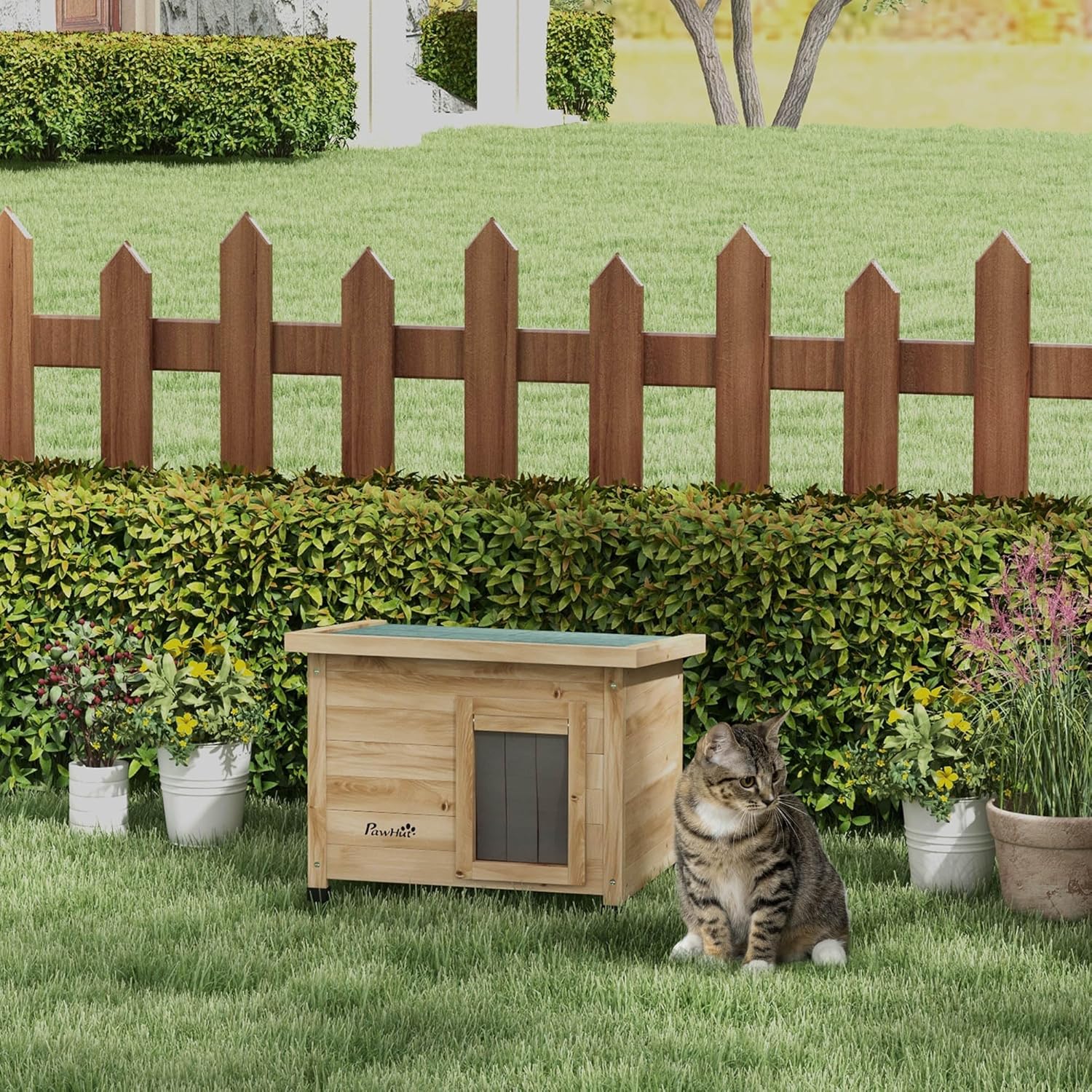 Maison pour Chats Niche d'extérieur en Bois surélevée avec Toit Asphalte, Porte avec Rideau, fenêtre, 57 x 45 x 43 cm Jaune