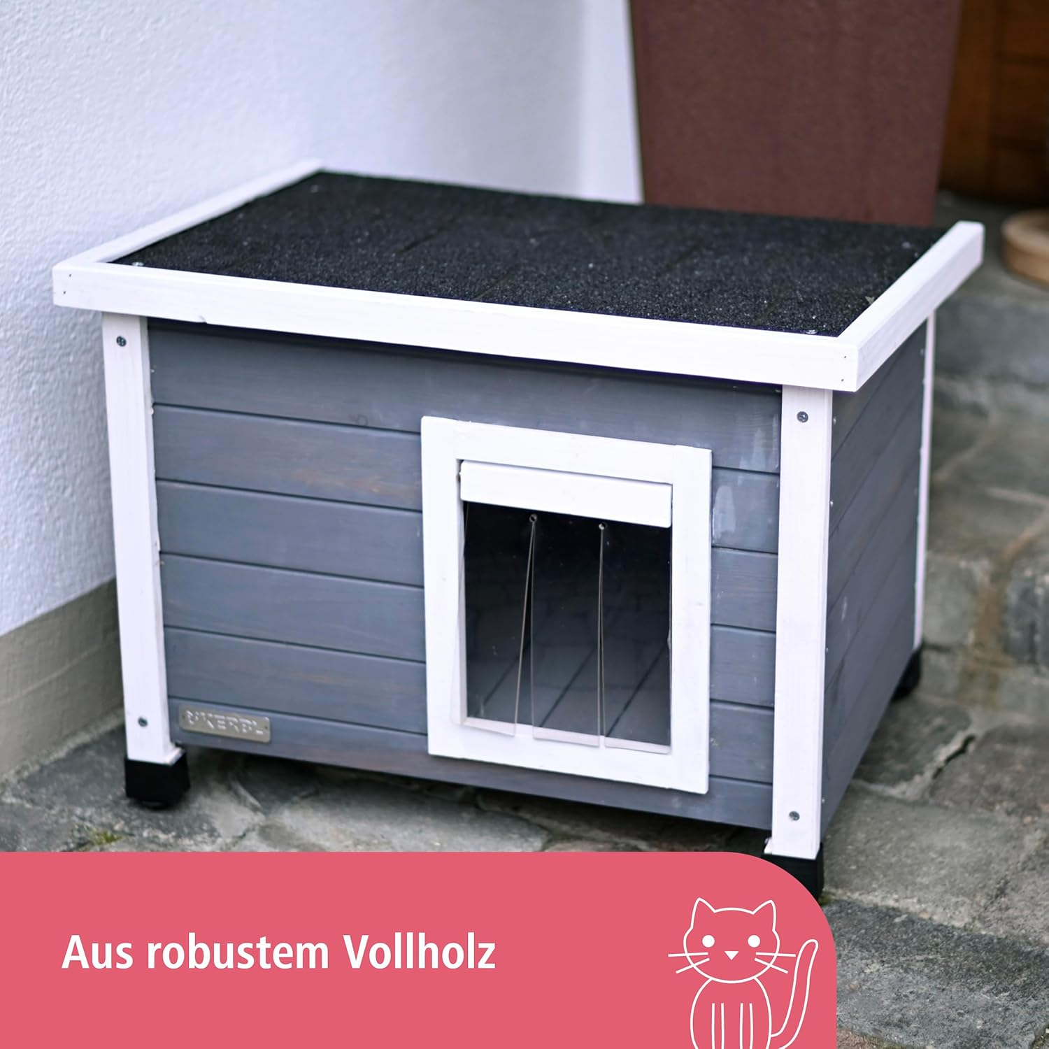 Kerbl Maison pour chats Rustica en bois, porte à lamelles, fenêtre en plexiglas, pieds en plastique réglables en hauteur, Gris/Blanc, 57 x 45 x 43 cm