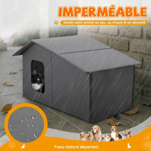 Niche pour Chat Extérieur Imperméable, Grande Cabane Pliable et Douillette avec Coussin Amovible, Abri pour l’Hiver et l’Intérieur pour Chats et Petits Chiens (Gris Urbain)