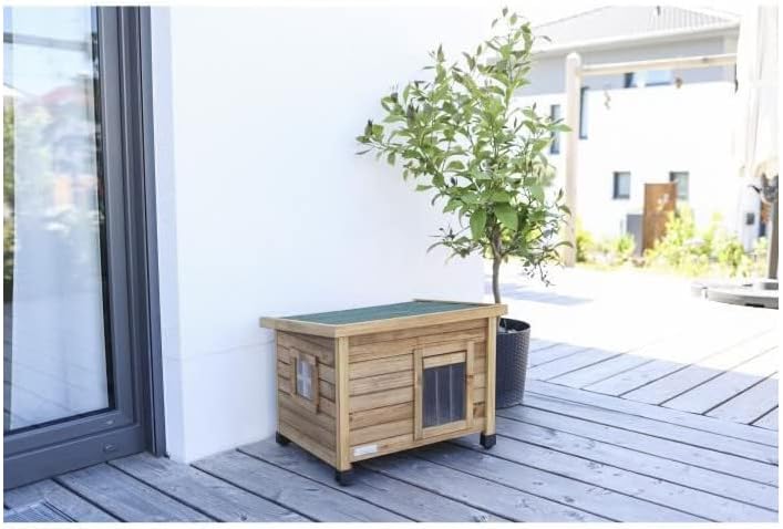 Kerbl Maison pour chat en bois Rustica, porte à lamelles, fenêtre en plexiglas, pieds en plastique réglables en hauteur, marron/vert, 57 x 45 x 43 cm