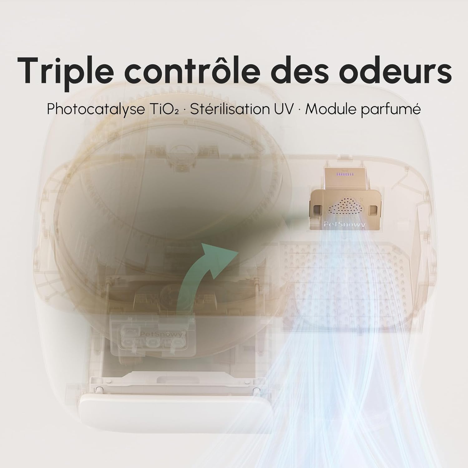 PetSnowy Snow+ litiere Chat autonettoyante +TiO2/Stop aux odeurs à la Source/Contrôle par Application/7 Couches de Protection/Détection Multi de Chats, Capacité Max de 83L pour Chats de 1,5 à 9 kg SNOW+ Premium Blanc Crème