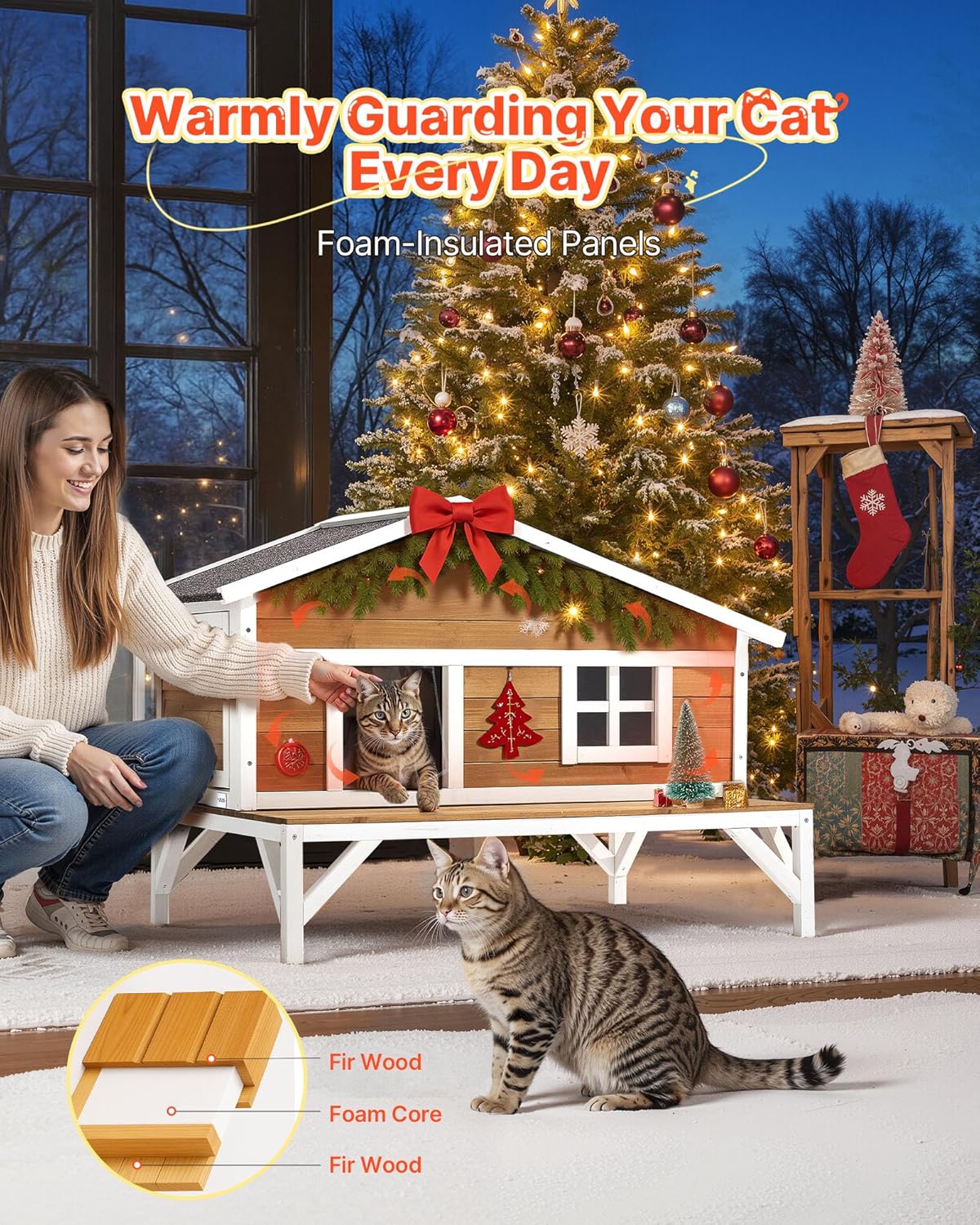 Maison Chat Surélevée, 110,5x85,3x78,7 cm, Niche Chat Extérieur Isolation en Mousse, Abri en Bois avec Grande Plateforme, Toit en Asphalte, pour Chats Sauvages d'Intérieur d'Extérieur en Hiver Blanc et couleur bois 43.5''x33.5''x31'' in