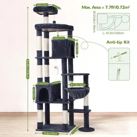 Globlazer Arbre à Chat XXL, Arbre a Chat Géant Hauteur 213 cm avec 2 Niches, Plateformes, Perchoirs, Panier, Griffoirs en Sisal, Arbres à Chats Grandes pour Gros Chats D'Intérieur (F83, Gris Foncé) 213cm Gris Foncé