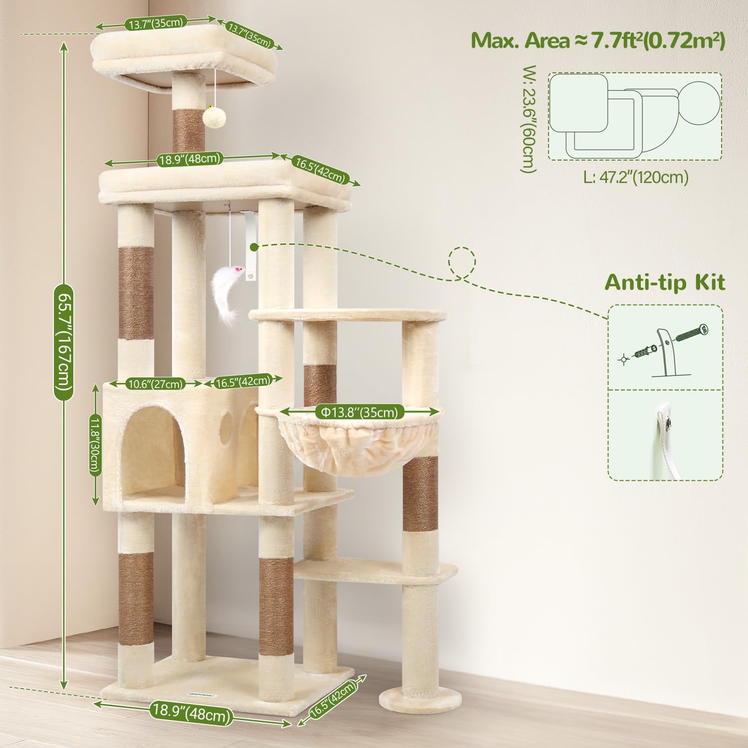 Globlazer Arbre a Chat Beige XL, Arbres à Chats Grand Hauteur 167 cm avec Vaste Plateforme, Large Niches, Perchoir, Panier, Tour a Chat Stabil pour 2-4 Gros Chats Repos Jeux Intérieur (F65B, Beige) 167cm Beige