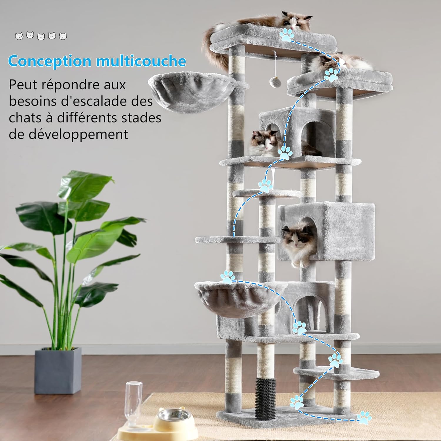 Hey-brother Arbre à Chat XXL, Arbre pour Chats Multi-Niveaux de 188 cm de Haut, équipé de 2 Grandes Plateformes, 3 Trous, 2 Paniers, des Colonnes de Sisal pour Griffer, Gris 0EMPJ035-MW