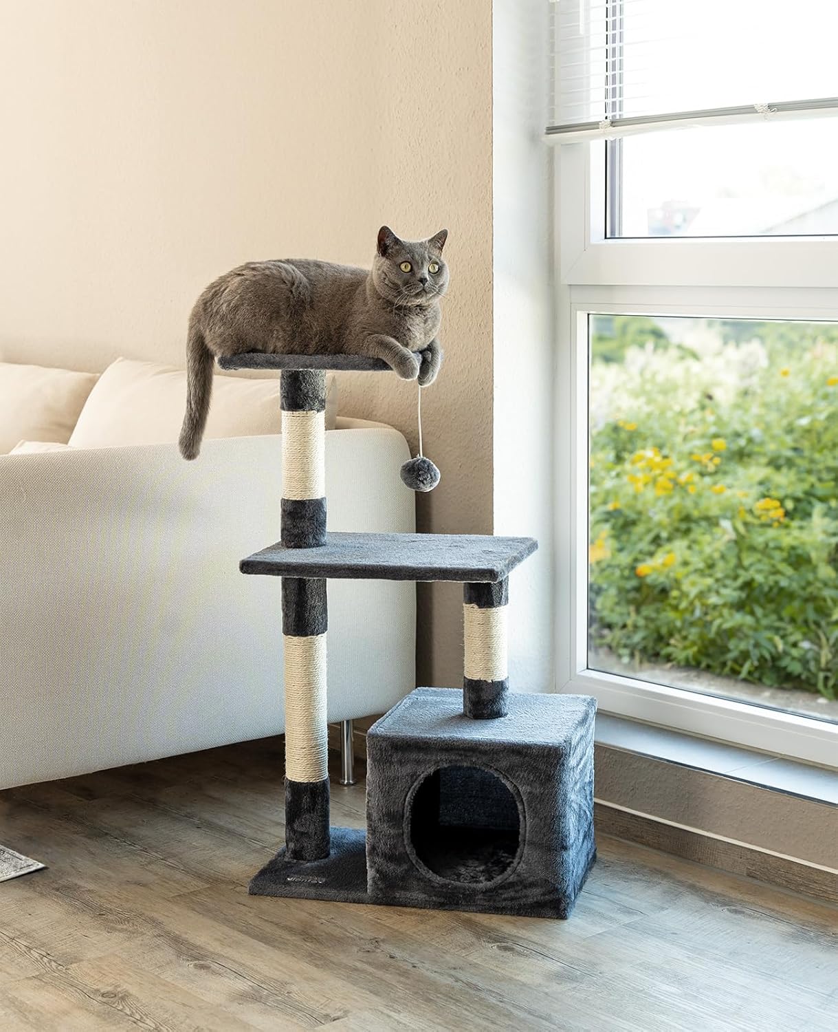 Lionto Arbre à Chat avec Niche et Balle en Peluche, Hauteur 85 cm, Arbre à Chat en sisal & Peluche, couchages Confortables & Niche, pour Petits & Grands Chats, Gris foncé