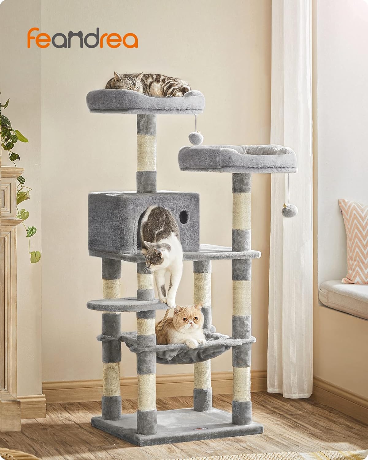 Arbre à Chat Hauteur 143 cm, Tour de Jeux pour Chat, avec 11 Poteaux à Griffer, 2 Plateformes, 1 Niche, 1 Hamac, 2 Pompons, en Tissu Peluche, Plusieurs Niveaux, Gris Clair PCT15W Gris Clair L (55 x 45 x 143 cm)