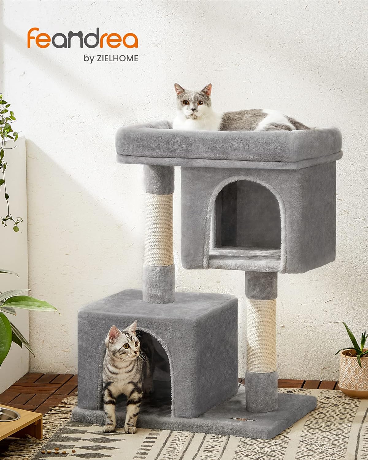 Arbre à Chat, Tour de Jeux 84 cm, L, Maison pour Chats Jusqu’à 7 kg, Grande Plate-Forme, 2 Niches, Griffoir, Gris Clair PCT61W L (60 x 40 x 84 cm) Grise Claire