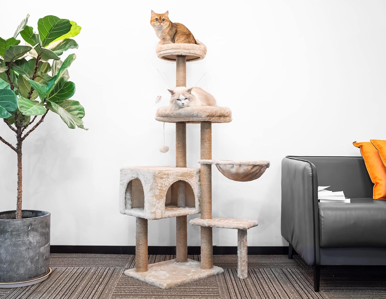 Arbre à Chat 145 cm, Tour de Jeux pour Chats, avec 7 Poteaux à Griffer, 5 Plates-Formes, 2 nids pour Chat Chaton, Beige