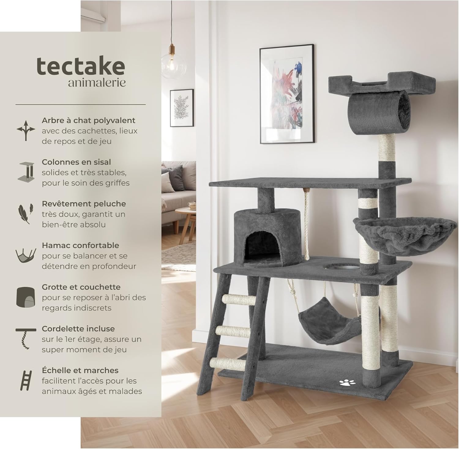 Arbre à Chat Griffoir Maison Chat Interieur Jeux Appartement avec Grattoir Rampe Tunnel Panier Echelle Lit - Gris