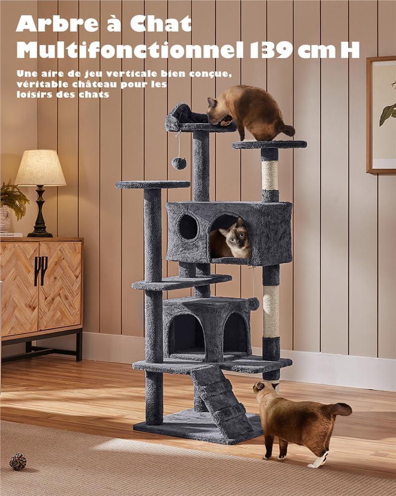 Arbre à Chat 139 cm, Arbre à Grimper avec 2 Niches 3 Plateformes 2 Boules en Sisal Multi-Niveaux Idéal pour 3-4 Chats, Gris Foncé Gris Foncé 48.5 x 48.5 x 139 cm