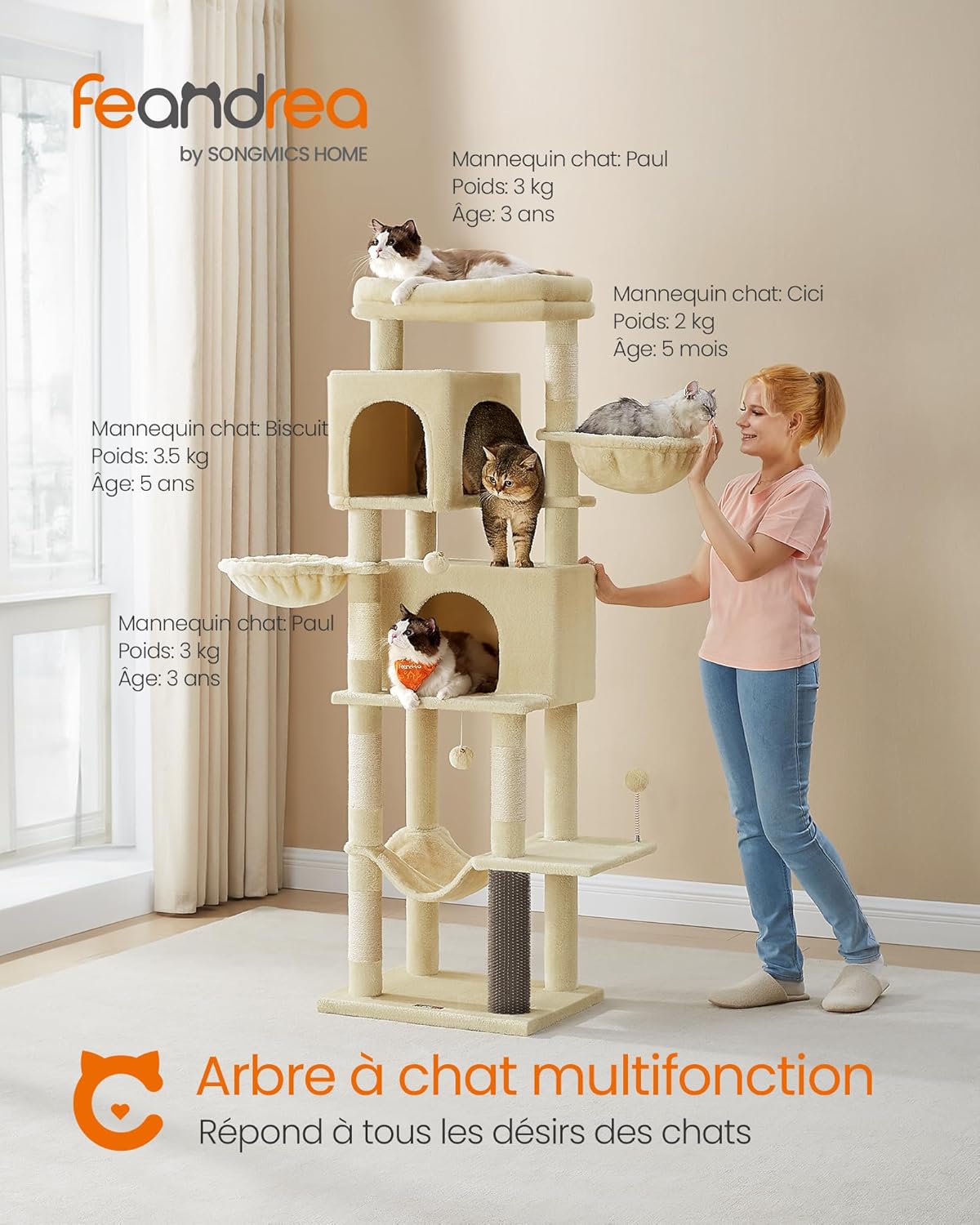 Arbre à Chat, Tour à Chat de 175 cm de Haut, Multi-Niveaux, avec 2 Niches, 2 Paniers, 5 Griffoirs, Toilettage Autonome, Perchoir, Hamac, Beige Sable PCT182Y01 L (57 x 45 x 175 cm) Beige Sable