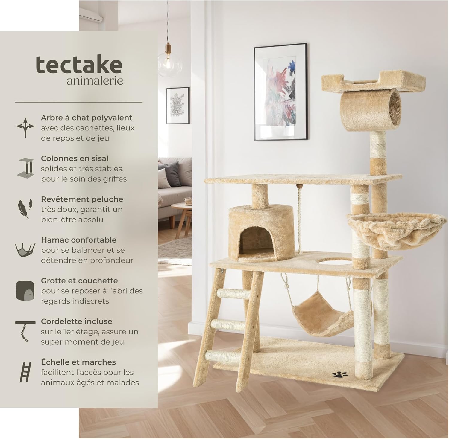 Arbre à chat avec plusieurs espaces de jeu et de repos Hauteur 41 cm Extra large Plusieurs coloris au choix Beige