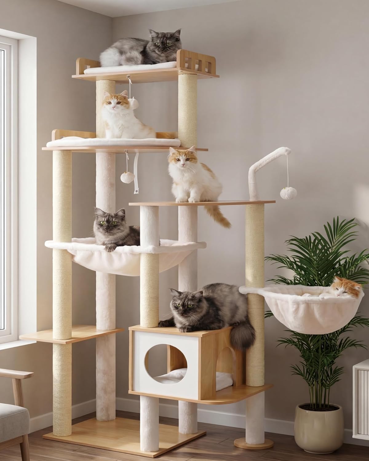 Arbre à Chat Tour 179 cm pour Gros Chats Intérieur, Structure Extra Stable, Meuble pour Chats Moderne avec Poteaux à Griffoir en Sisal, Condo & Hamacs, Coloris Noyer HCT121WB