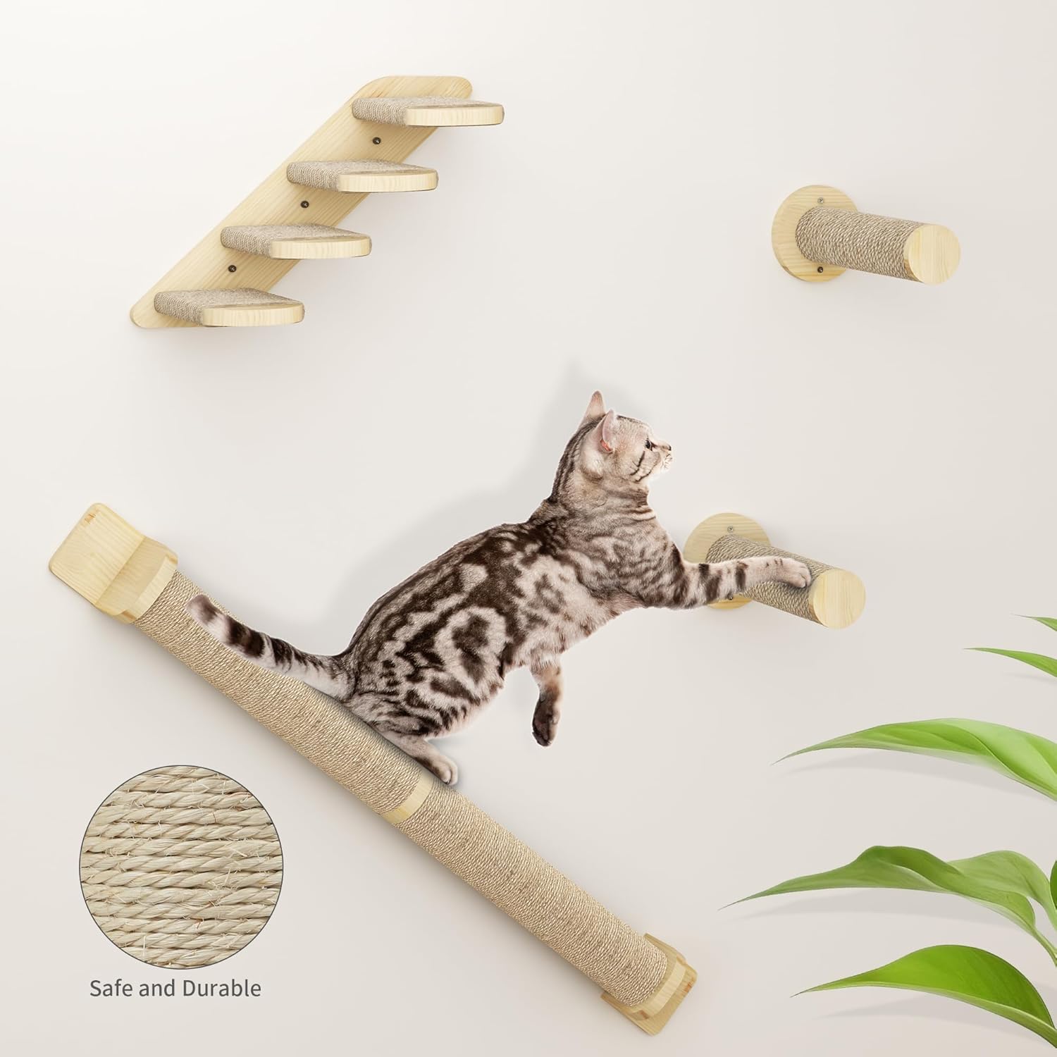 Lot de 7 Murs d'escalade pour Chat - Meuble Mural en Bois - avec 3 Arbres à Chat / 4 marches - pour Montage Mural - avec 4 Plateformes 7 PCS