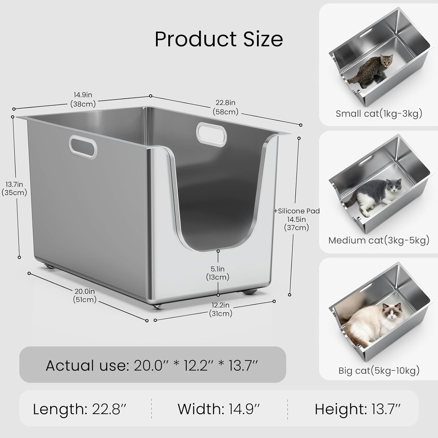 Bac à Litière pour Chat XL Acier Inoxydable Alimentaire: 35cm Bords Hauts Antirouille,Étanche, Entrée Basse Chats âgés + roulettes – Idéal Mehrkatzenhaushalte