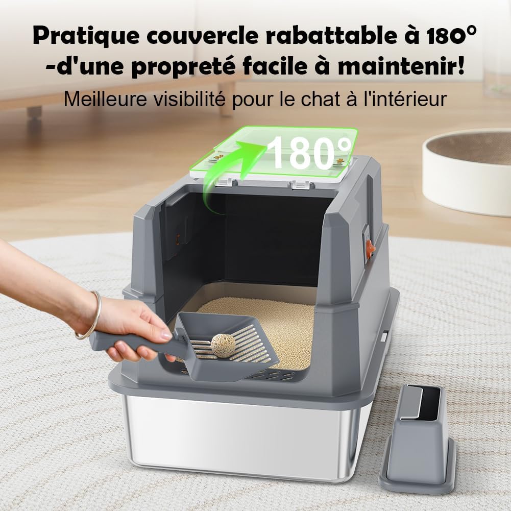 SZEE XL Bac à Litière en Acier Inoxydable avec Couvercle Rabattable à 180°, Grande Litiere Acier Inoxydable Fermé, Bac Litiere pour Chat avec Pelle, 58,3x37,1x37,5 cm, Gris Foncé