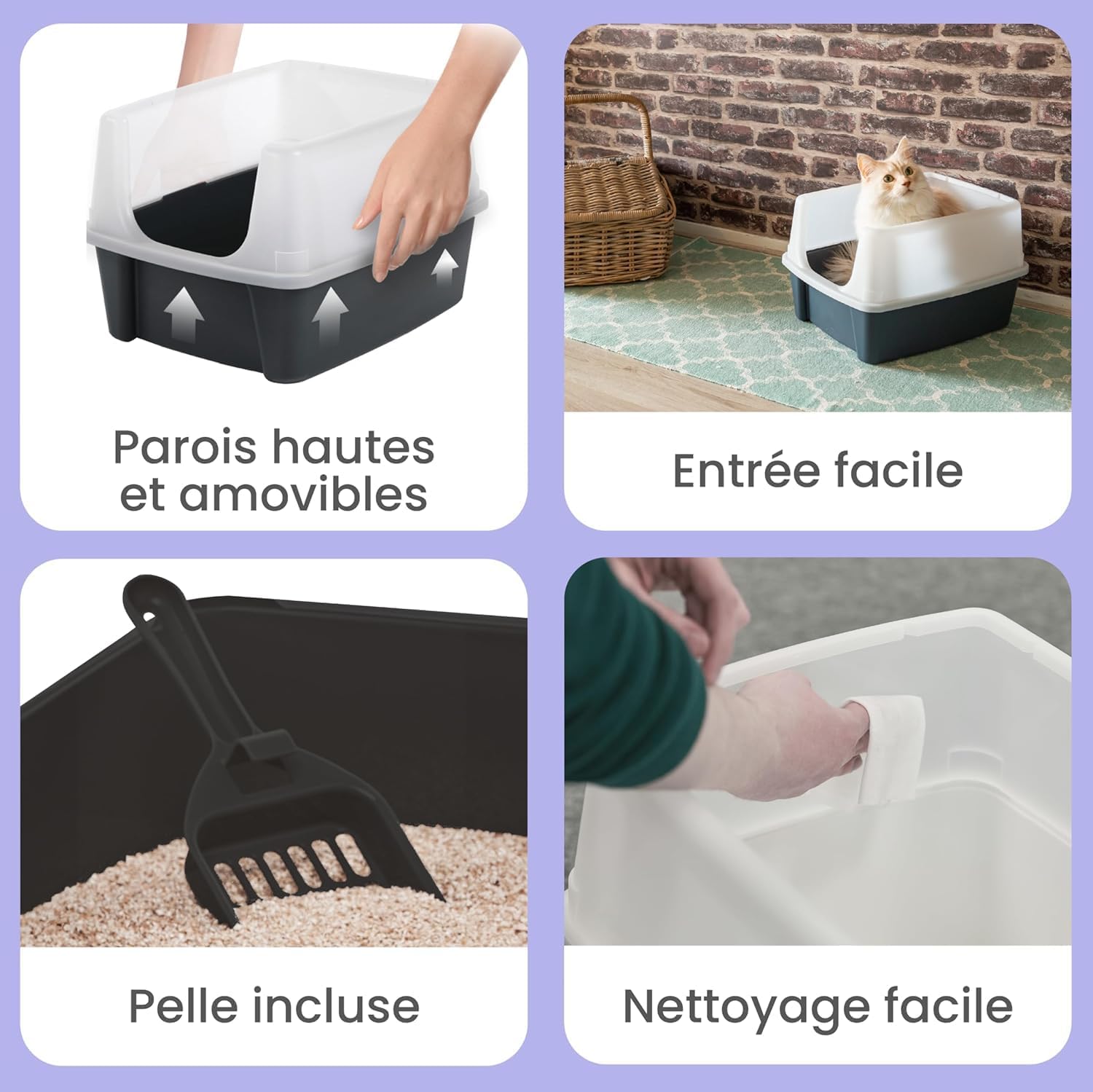 , Bac a Litiere pour Chat avec Pelle, Gris, Nettoyage Facile, Maison de Toilette, Rebords Amovibles, Anti-fuite, Pour Chats Adultes, Chatons, Lapins, Sans BPA, Ouverture en haut, CLH-12 Bac à litière Gris