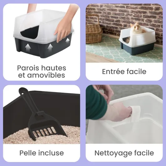 , Bac a Litiere pour Chat avec Pelle, Gris, Nettoyage Facile, Maison de Toilette, Rebords Amovibles, Anti-fuite, Pour Chats Adultes, Chatons, Lapins, Sans BPA, Ouverture en haut, CLH-12 Bac à litière Gris
