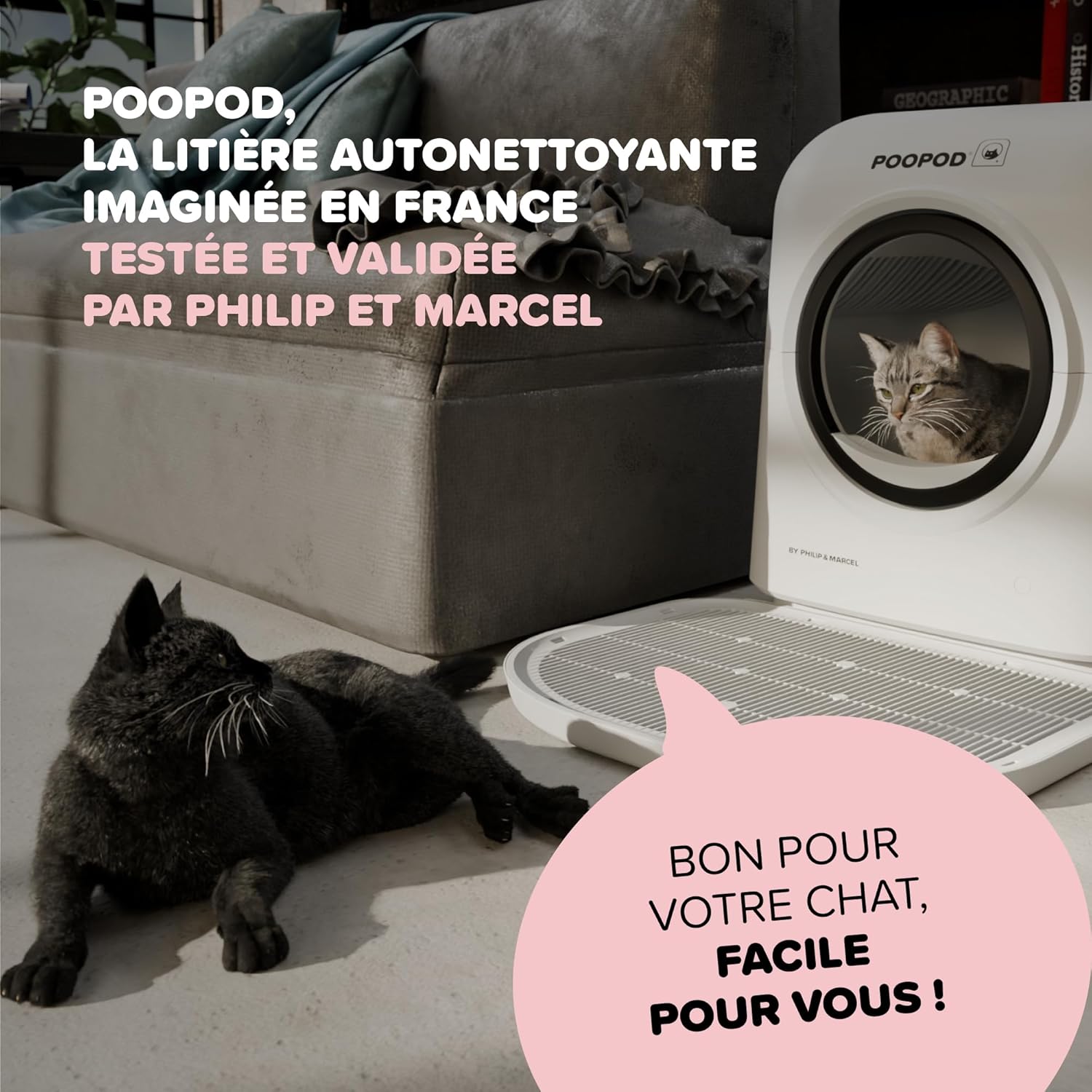Litière Chat Autonettoyante – Poopod by Philip & Marcel – Bac à Litière Automatique avec APP iOS/Android – Technologie UV sans Odeur – Capteur de Sécurité – Tapis, Brosse, Désodorisant & Sacs Inclus Noir Absolu