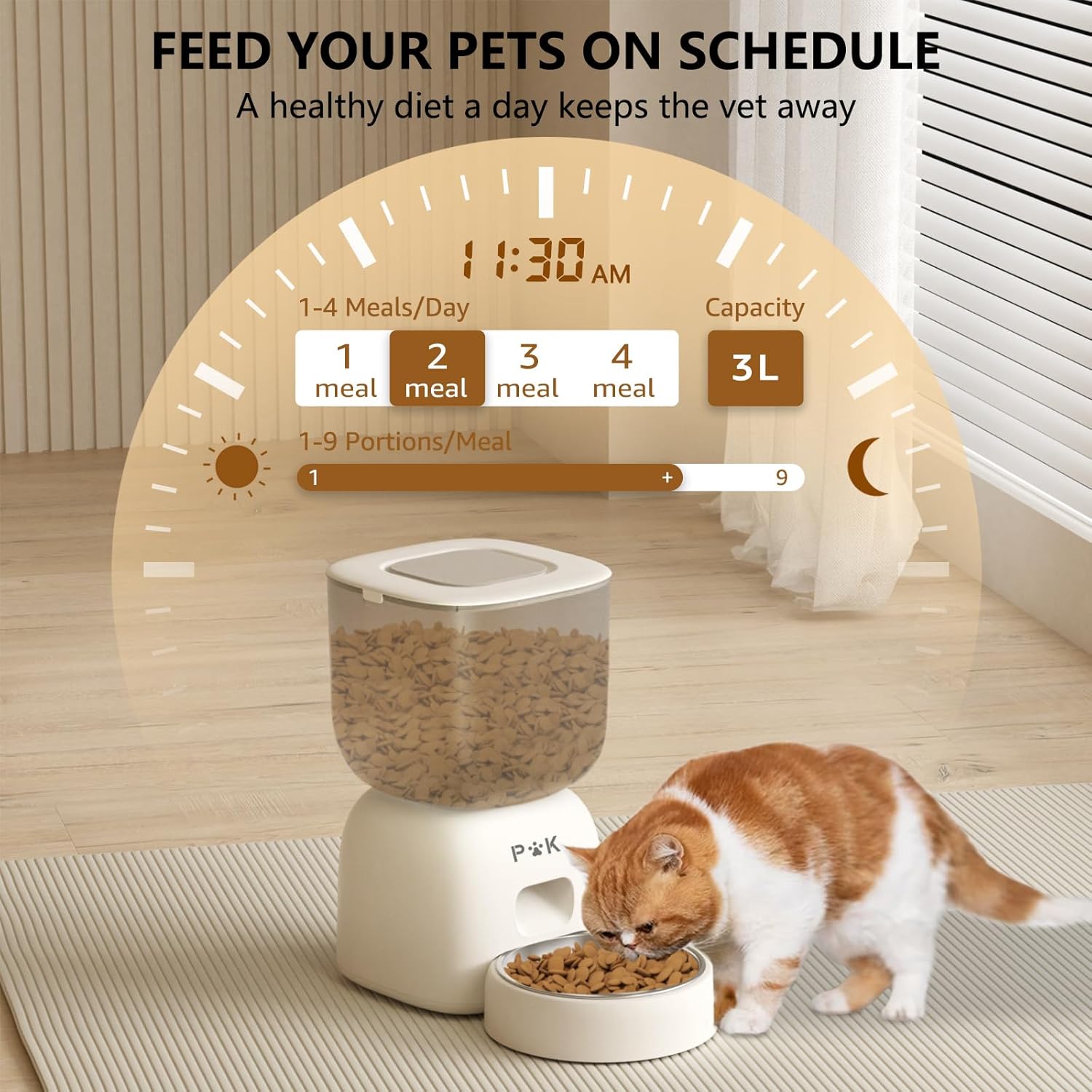 Distributeur Croquettes Chat Automatique, Autonomie de la Batterie jusqu'à 180 Jours, 3L Programme d'alimentation Personnalisé, Enregistrement Vocal 10S, 1-4 Repas par Jour Beige