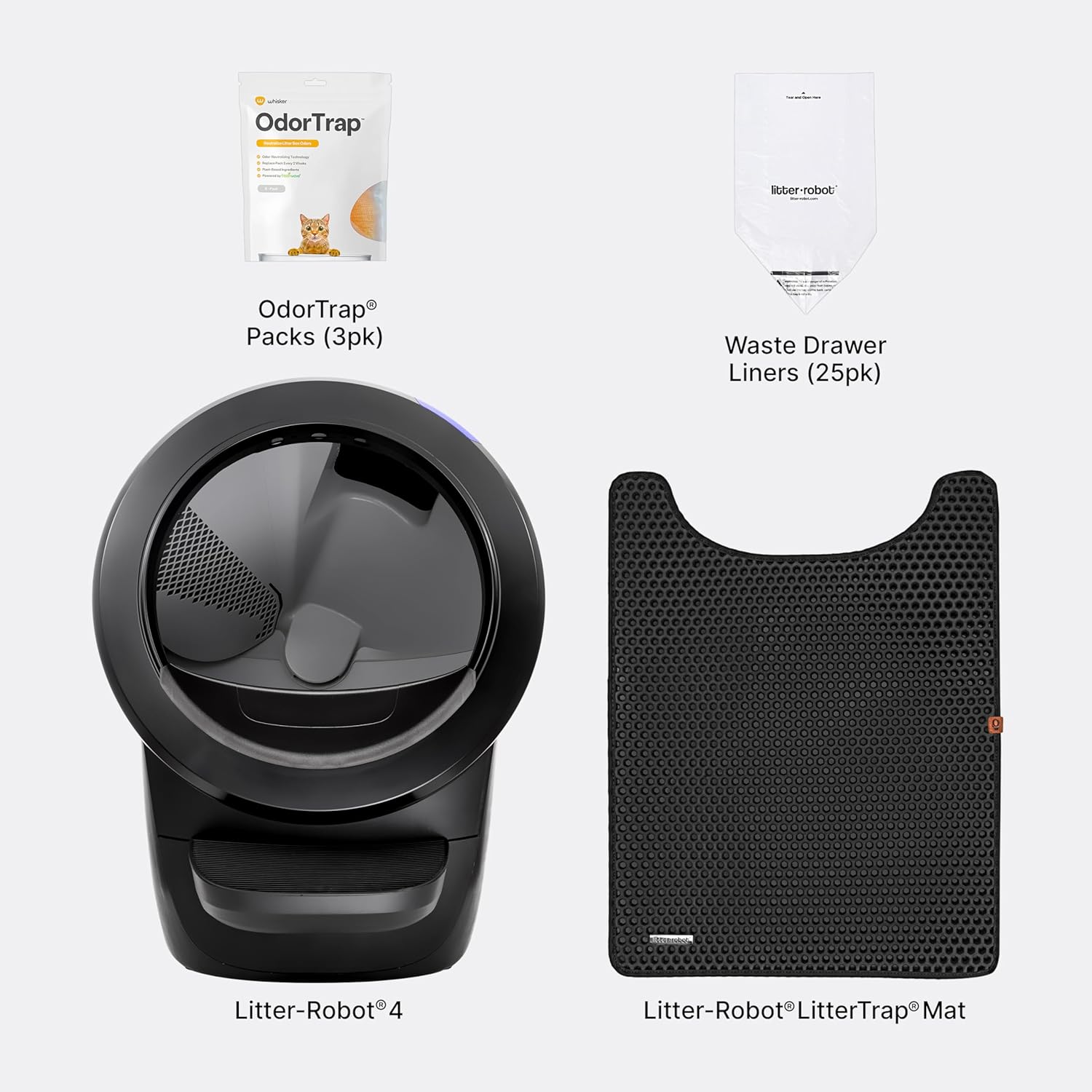 Litter-Robot 4 Pack de Démarrage par Whisker, Noir - la litière Automatique Auto-nettoyante, Comprend Le Litter-Robot, la barrière, Le Tapis, 2 recharges OdorTrap, et 25 Sacs