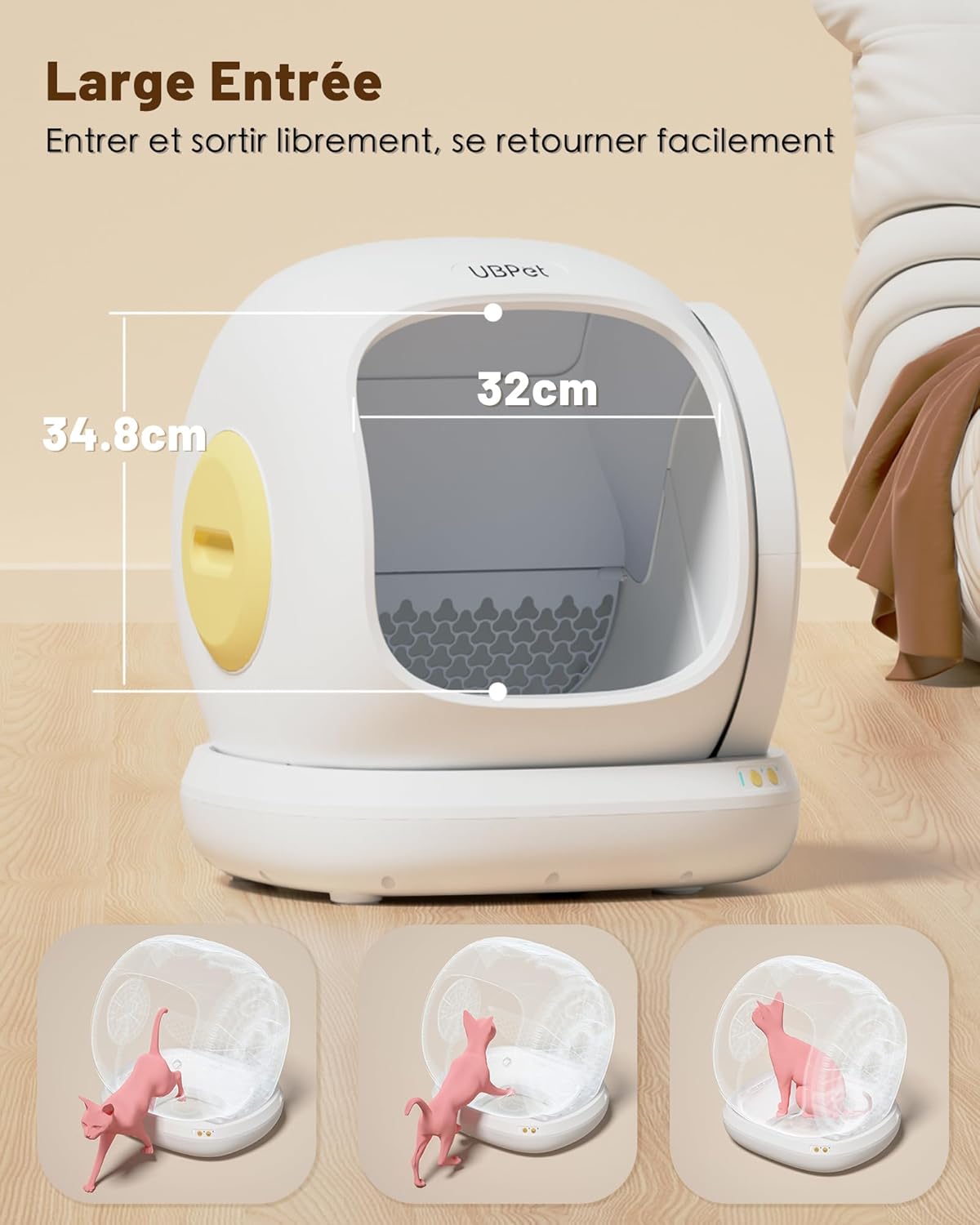 UBPet C20 Grande Ouverture Litiere Chat Autonettoyante Litière Automatique, Ultra Sûr/Contrôle des Odeurs/Entrée Basse/Contrôle de l'APP Litière Autonettoyante, Bac a Litiere pour Chat Electrique Litière Automatique C20