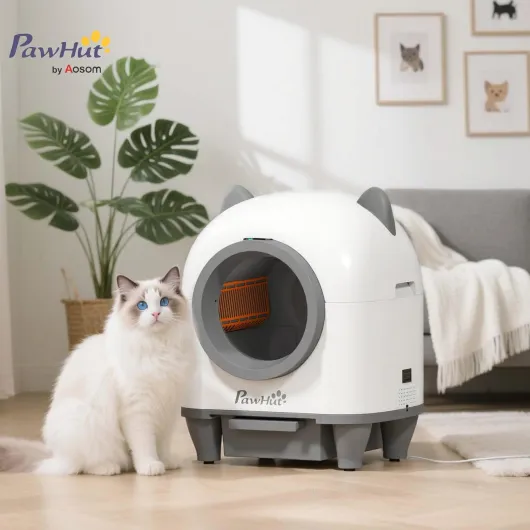 Litière chat autonettoyante 80L bac à litière pour chat automatique contrôle app/anti-pinch/isolation des odeurs/protection de sécurité, sac poubelle, adorables oreilles, plusieurs chats, blanc