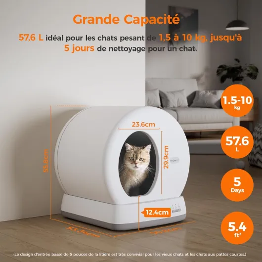 Litiere Chat Autonettoyante, Litière à Nettoyage Automatique, élimination des Odeurs/Contrôle APP/Capacité 57.6L litière Automatique C10