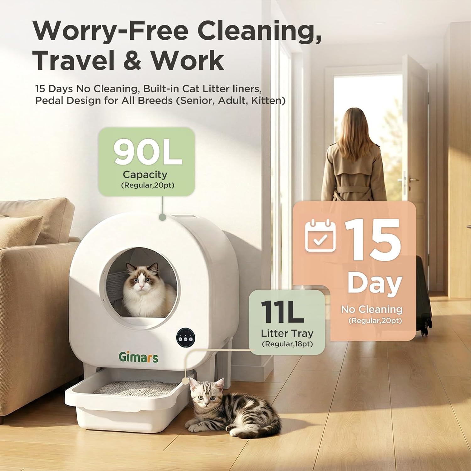 Litière pour Chat XXL 90 L Anti-pincement avec contrôle par Application, bac à litière Automatique pour Chat avec Tapis, Sacs poubelles et marchepied, Triple capteurs et contrôle des odeurs