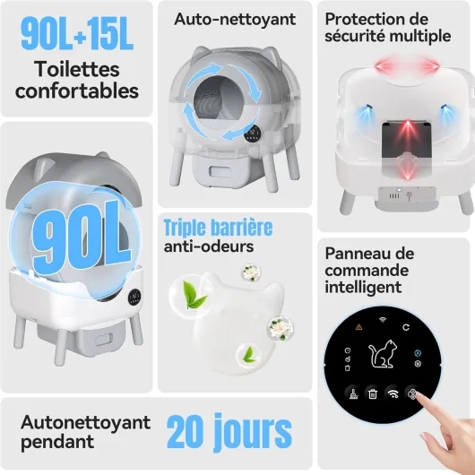 Litiere Chat autonettoyante,90L+15L litiere Chat XXL,Panneau de Configuration,App-Steuerung,KI-Gesundheitstracking,Für Mehrere Katzen Elektrisches katzenklo