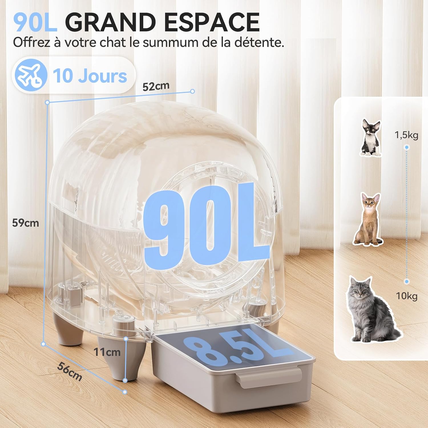 Litiere Chat Autonettoyante, 90L, bac litiere pour Chat XXL Anti-Pincement/Contrôle APP/Anti-Odeur/Anti-Fuites,pour Multi-Chats - Sac à litière et Pelle à litière offerts Blanc