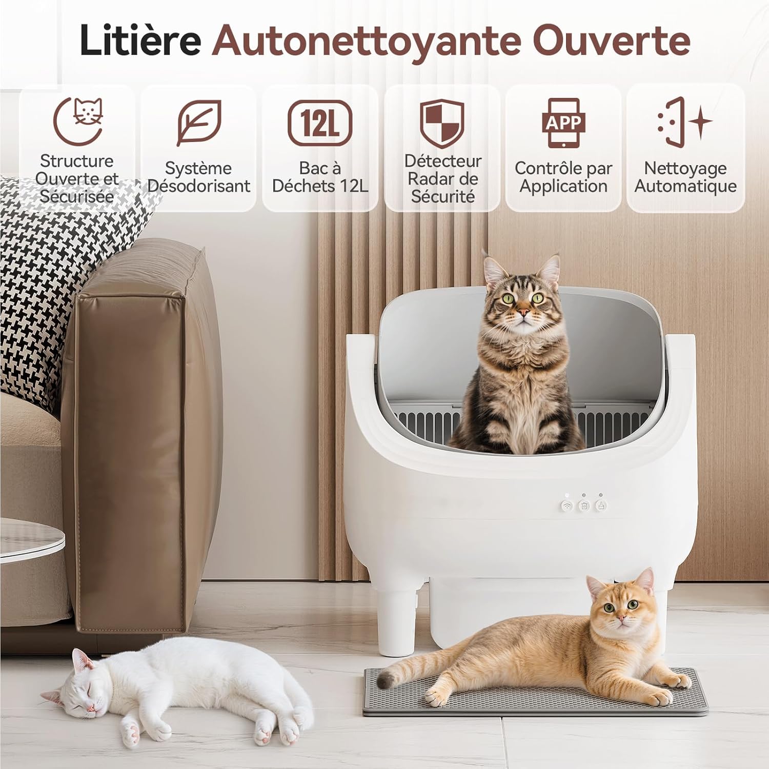 Litiere Chat autonettoyante,XXL, contrôlée par APP, Ouverte,Chat de 15 kg,15 Jours Autonettoyant, litière autonettoyante pour Plusieurs Chats